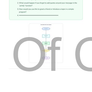 May include: A page from a Python programming tutorial with a green box containing questions about the 'print()' function. A flowchart illustrates the steps of a Python program. The word "Of" is in large gray letters.