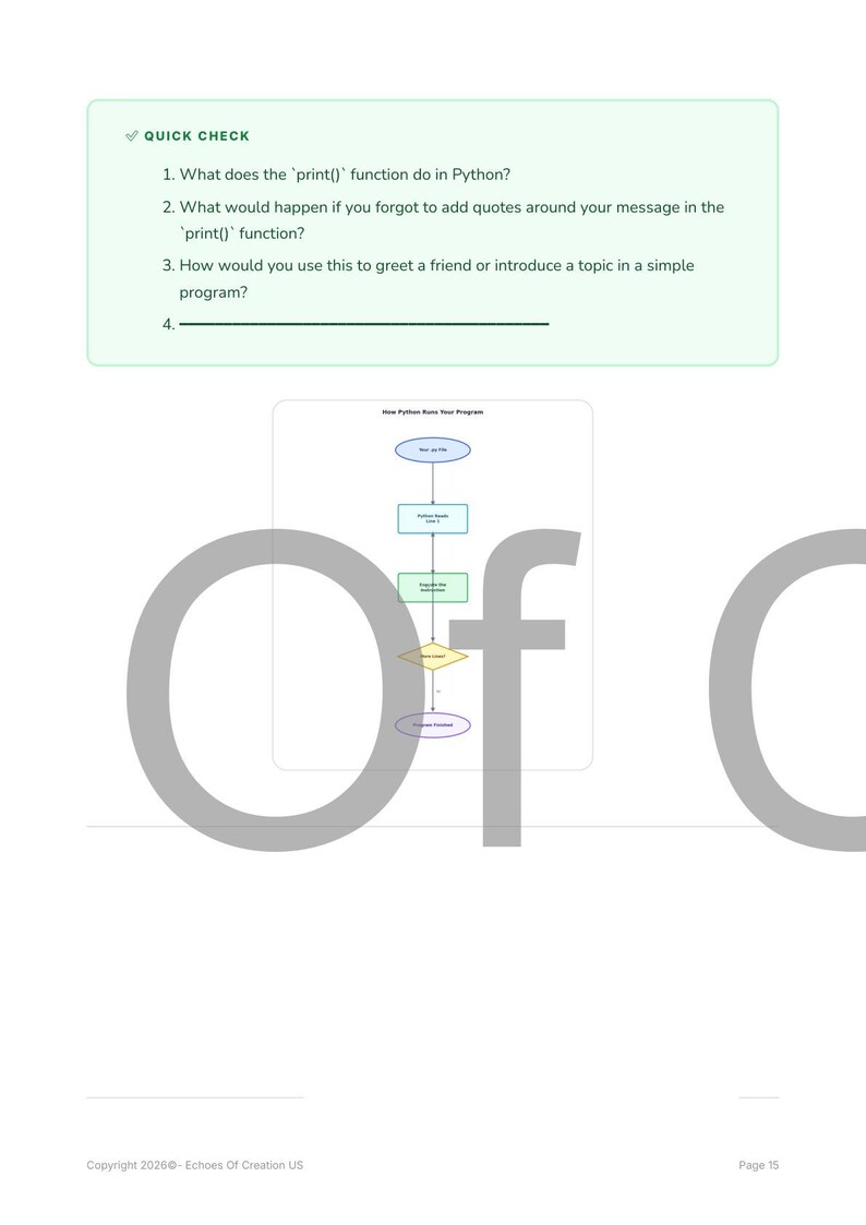 May include: A page from a Python programming tutorial with a green box containing questions about the 'print()' function. A flowchart illustrates the steps of a Python program. The word "Of" is in large gray letters.