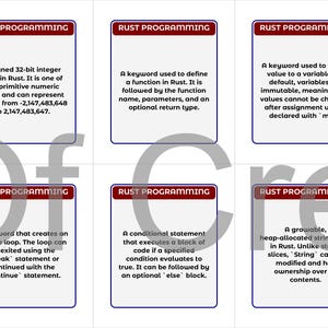 May include: Six flashcards with the title "RUST PROGRAMMING" in a red banner. Each card contains a description of a Rust programming concept, including integer types, function definitions, variable binding, loops, conditional statements, and string types.