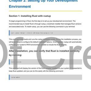 May include: A page from a guide titled "Chapter 2: Setting Up Your Development Environment." It includes instructions for installing Rust with rustup, with code snippets and commands. The text is in black on a white background.