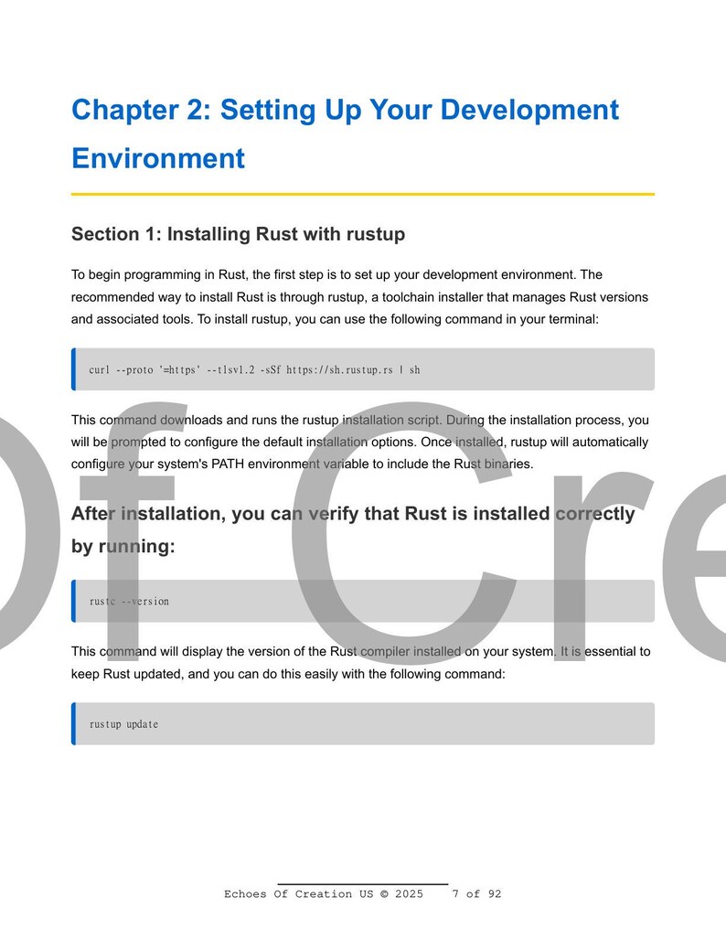 May include: A page from a guide titled "Chapter 2: Setting Up Your Development Environment." It includes instructions for installing Rust with rustup, with code snippets and commands. The text is in black on a white background.