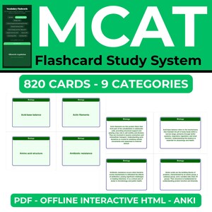 May include: A green and white MCAT Flashcard Study System graphic. The image features the text "MCAT Flashcard Study System" and "820 CARDS - 9 CATEGORIES". Several flashcards are displayed, with topics like "Acid-base balance" and "Actin filaments".