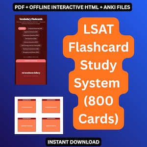 May include: A digital LSAT flashcard study system with 800 cards, displayed on a blue background. The image includes the text "LSAT Flashcard Study System (800 Cards)" in orange and white. Also includes "Instant Download".