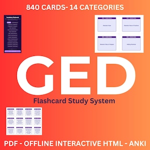 May include: A vibrant orange and red graphic with the word "GED" in large white letters. The image promotes a flashcard study system with 840 cards across 14 categories. Additional text includes "Flashcard Study System" and "PDF - OFFLINE INTERACTIVE HTML - ANKI."