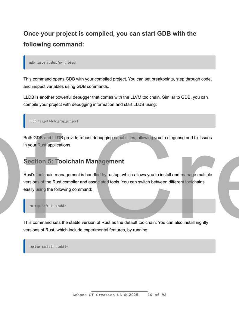 May include: A white page with text detailing debugging and toolchain management in Rust applications. Commands such as "gdb target/debug/my_project" and "rustup default stable" are visible. The document is from Echoes Of Creation US 2025.