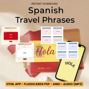 Paquete de tarjetas didácticas en español / Frases de viaje / Aplicación HTML - Audio MP3 - Tarjetas didácticas imprimibles en PDF - Mazo de Anki