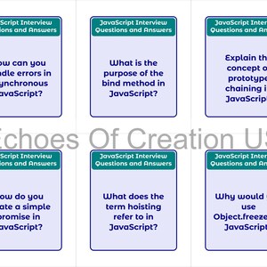 Peut inclure: Six cartes de questions et r&eacute;ponses d'entretien JavaScript. Chaque carte a une bordure turquoise et un fond blanc. Les questions incluent la gestion des erreurs asynchrones, la m&eacute;thode bind, le cha&icirc;nage de prototypes, les promesses, le hoisting et Object.freeze(). Le texte "Echoes Of Creation US" est visible.