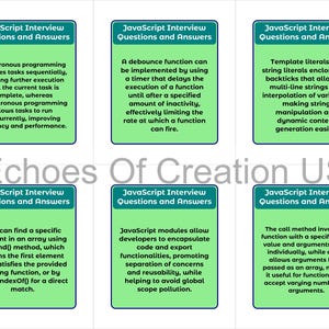 Peut inclure: Six cartes m&eacute;moire avec des bordures vertes et du texte blanc, chacune intitul&eacute;e "JavaScript Interview Questions and Answers". Les cartes pr&eacute;sentent des explications concises des concepts JavaScript.