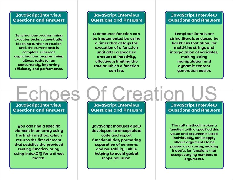Peut inclure: Six cartes m&eacute;moire avec des bordures vertes et du texte blanc, chacune intitul&eacute;e "JavaScript Interview Questions and Answers". Les cartes pr&eacute;sentent des explications concises des concepts JavaScript.