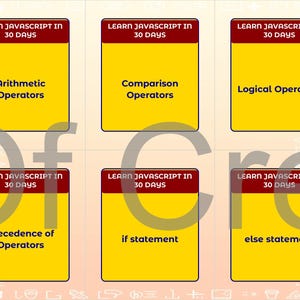 Może przedstawiać: Sześć ż&oacute;łtych fiszek z czerwonymi obramowaniami i tekstem "LEARN JAVASCRIPT IN 30 DAYS". Każda karta wyświetla inny temat JavaScript: Operatory arytmetyczne, Operatory por&oacute;wnania, Operatory logiczne, Kolejność operator&oacute;w, instrukcja if i instrukcja else.