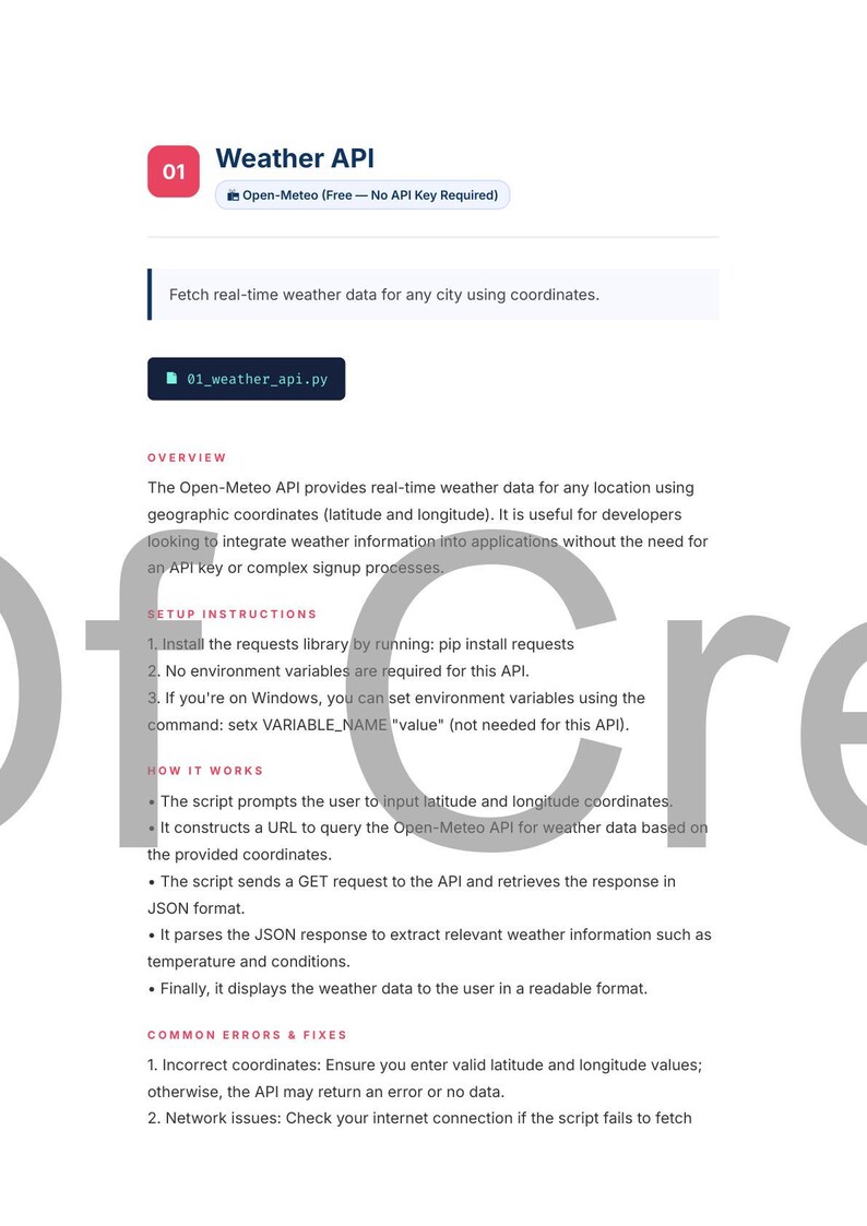 May include: A webpage titled "Weather API" with the Open-Meteo logo. The page provides instructions for fetching real-time weather data using coordinates. It includes setup instructions, how it works, and common errors.
