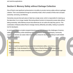 May include: A document page detailing the Rust programming language, with sections on memory safety and garbage collection. The text also includes a key takeaway section. The document is from Echoes Of Creation US, dated 2025.