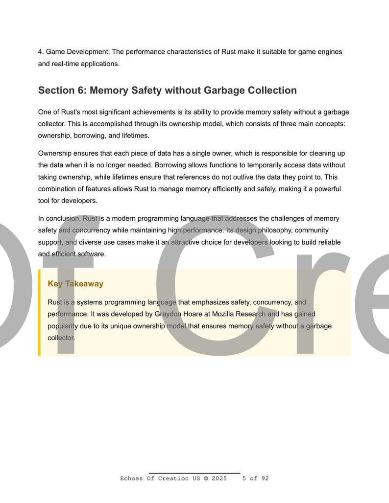 May include: A document page detailing the Rust programming language, with sections on memory safety and garbage collection. The text also includes a key takeaway section. The document is from Echoes Of Creation US, dated 2025.