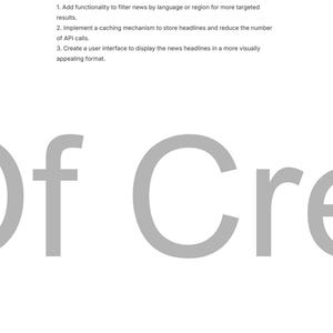 May include: White background with gray text. The text includes instructions on extending functionality, such as filtering news by language and creating a user interface. Large gray letters spell "Of Cre" at the bottom.