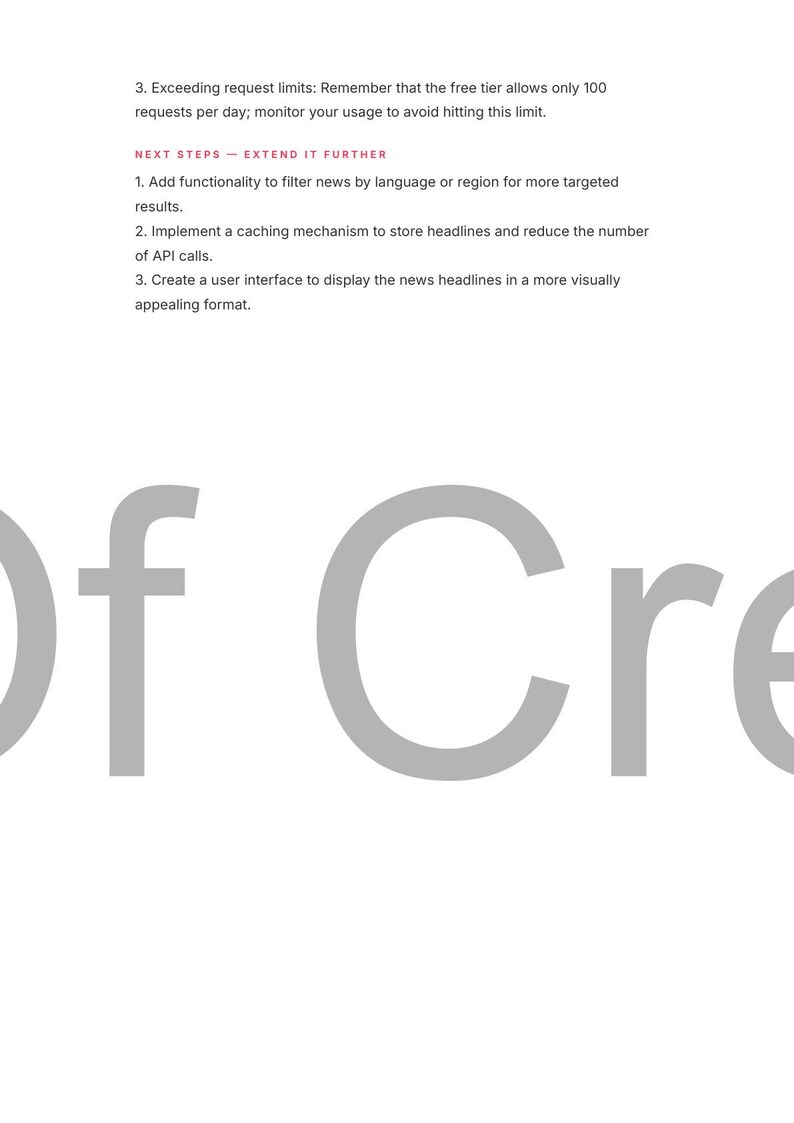 May include: White background with gray text. The text includes instructions on extending functionality, such as filtering news by language and creating a user interface. Large gray letters spell "Of Cre" at the bottom.