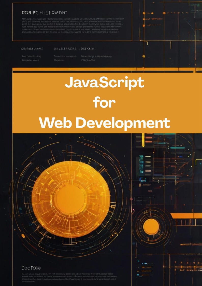 K&ouml;nnte beinhalten: Eine digitale Illustration eines gelben Kreises mit einem kleineren gelben Kreis im Inneren, umgeben von schwarzen Linien und Kreisen. Der Text "JavaScript f&uuml;r Webentwicklung" wird in einem gelben Kasten &uuml;ber dem Kreis angezeigt.