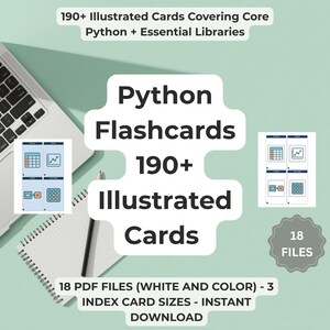 Python Flashcards 190+ Illustrated Cards Programming Study Set Printable Index Card Size Digital Download NumPy Pandas Coding Prep