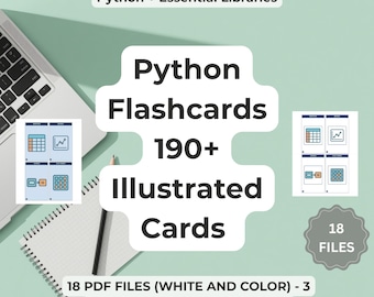 Flashcard Python: oltre 190 carte illustrate, set di studio per la programmazione, formato carta stampabile, download digitale, preparazione alla programmazione con NumPy e Pandas.