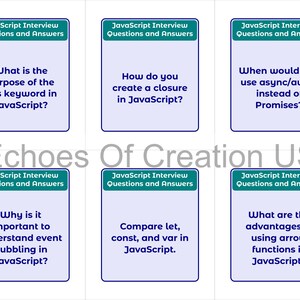 Peut inclure: Six cartes de questions d'entretien JavaScript avec des bordures turquoise et des fonds blancs. Les questions portent sur les fermetures, async/await et les fonctions fl&eacute;ch&eacute;es. Le texte "JavaScript Interview Questions and Answers" est en haut de chaque carte.