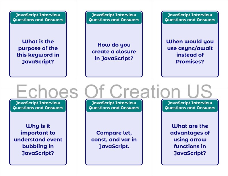 Peut inclure: Six cartes de questions d'entretien JavaScript avec des bordures turquoise et des fonds blancs. Les questions portent sur les fermetures, async/await et les fonctions fl&eacute;ch&eacute;es. Le texte "JavaScript Interview Questions and Answers" est en haut de chaque carte.
