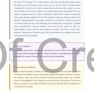 May include: A textbook page explaining JavaScript programming concepts. The text covers variables, constants, and value changes. Includes a 'Try It Yourself' section and a 'Real World Example' about banking.