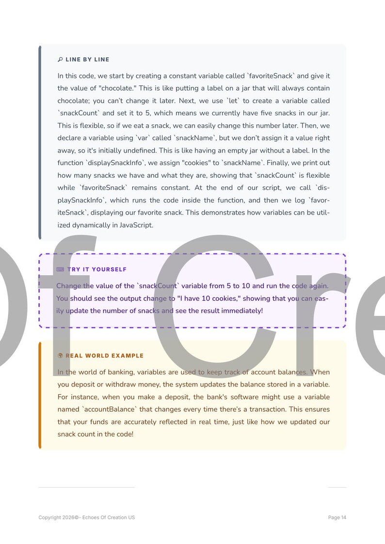 May include: A textbook page explaining JavaScript programming concepts. The text covers variables, constants, and value changes. Includes a 'Try It Yourself' section and a 'Real World Example' about banking.