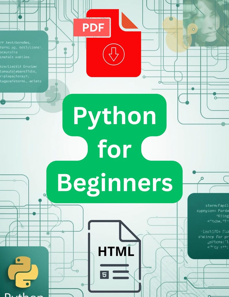 Może przedstawiać: Grafika cyfrowa z tekstem "Python for Beginners" dużymi zielonymi literami. Obraz zawiera ikony plik&oacute;w PDF i HTML oraz logo Pythona. Tło przedstawia sieć połączonych ze sobą linii i fragment&oacute;w tekstu.