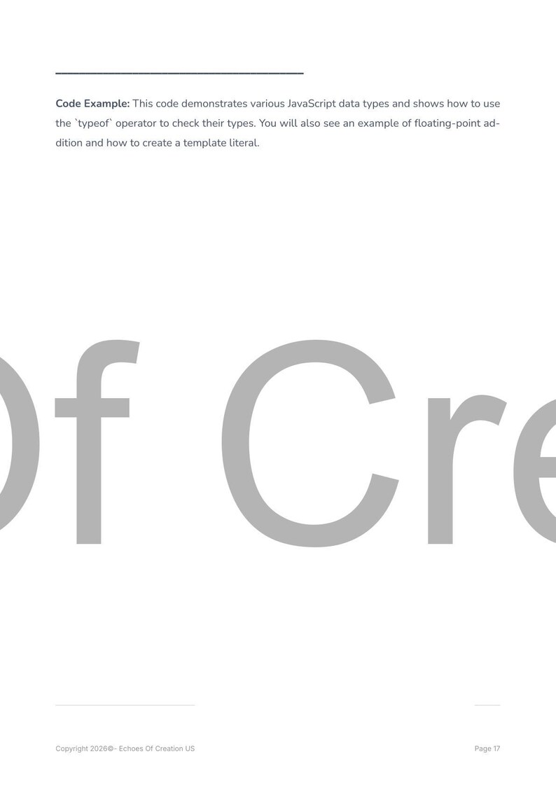 May include: A white page with the text "Code Example" and a description of JavaScript data types. Large grey letters spell "Of Cre" across the page. The bottom of the page includes copyright information and a page number.