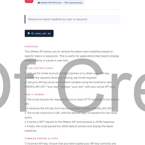 May include: A webpage titled "News Headlines API" with instructions for retrieving news headlines. The page includes setup instructions, how it works, and common errors. The API is free for up to 100 requests per day.