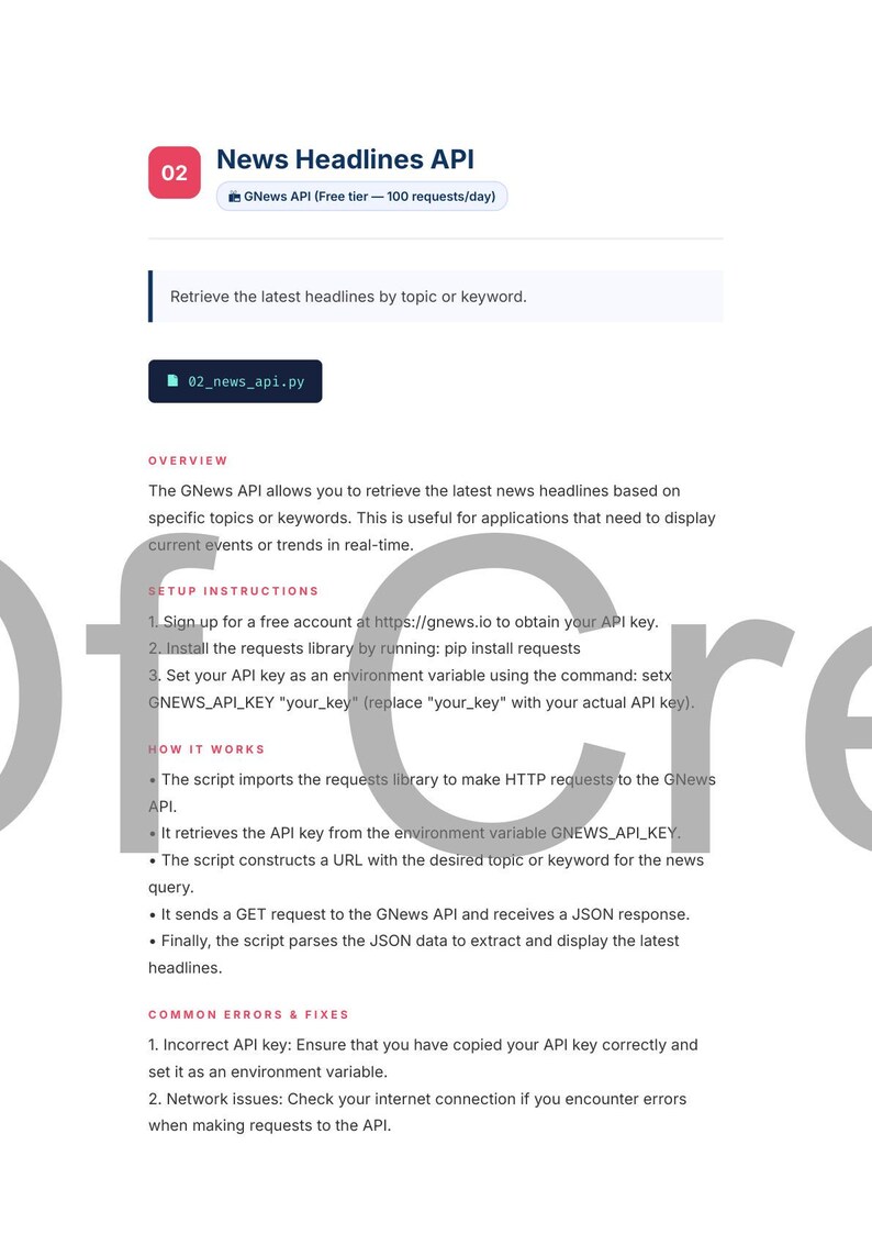 May include: A webpage titled "News Headlines API" with instructions for retrieving news headlines. The page includes setup instructions, how it works, and common errors. The API is free for up to 100 requests per day.