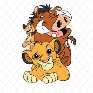 May include: A cartoon illustration of Simba, Timon, and Pumbaa from Disney's The Lion King. Simba is a light orange lion cub with brown eyes. Timon is a brown meerkat with a light brown nose and a light brown tail. Pumbaa is a brown warthog with a pink snout and a light brown tail.