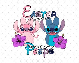 Puede incluir: La Pascua es mejor con mis píos, un personaje Stitch rosa y azul con una flor de hibisco morada a cada lado.