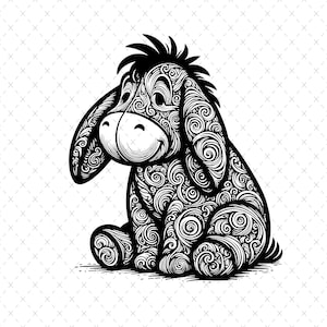 May include: Black and white line art illustration of a cartoon donkey with a swirling pattern. The donkey is sitting with its head tilted to the side.