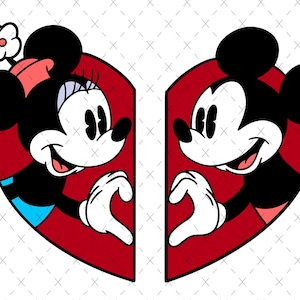 Op de afbeelding: Een rood hartvormig ontwerp met Mickey Mouse en Minnie Mouse aan weerszijden. Mickey Mouse staat rechts en Minnie Mouse links. Ze maken allebei een hartje met hun handen.