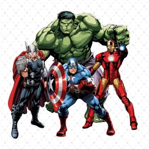 May include: A group of four superheroes: Hulk, Thor, Captain America, and Iron Man. Hulk is green and muscular, Thor is wearing a red cape and helmet, Captain America is wearing a blue and red suit with a red, white, and blue shield, and Iron Man is wearing a red and gold suit with a red helmet.