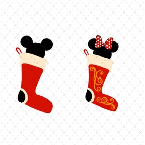 May include: Two Christmas stockings featuring Mickey and Minnie Mouse. The stockings are red with black heels and toes, and a cream-colored cuff. Mickey's stocking is plain, while Minnie's has gold scrollwork and a red bow.