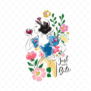 May include: A watercolour-style illustration of a woman in a blue and yellow dress holding a red apple, with floral elements. The text "Just one Bite" is written in black script.