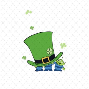 May include: A green leprechaun hat with a black band and gold buckle is held up by three cartoon aliens. A four-leaf clover is on the hat, and green clovers are scattered around the image. The image has a St. Patrick's Day theme.