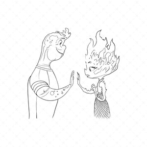 Puede incluir: Ilustración en blanco y negro de dos personajes de dibujos animados, uno que se asemeja al agua y el otro al fuego, extendiendo las manos para tocarse. El personaje de agua tiene un brazo estampado y el personaje de fuego tiene una cabeza en forma de llama y una falda estampada.