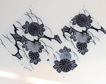 Juego de 3 envoltorios de cera de abeja / Algodón Yukata reciclado / Estampado de crisantemo japonés / Envoltorio reutilizable para alimentos