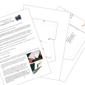 May include: Instructions for making an integral bow clutch. The pattern pieces are laid out on white paper with black lines. The instructions include cutting, interfacing, and sewing steps. The text includes the words "Constructvism" and "Integral Bow Clutch".