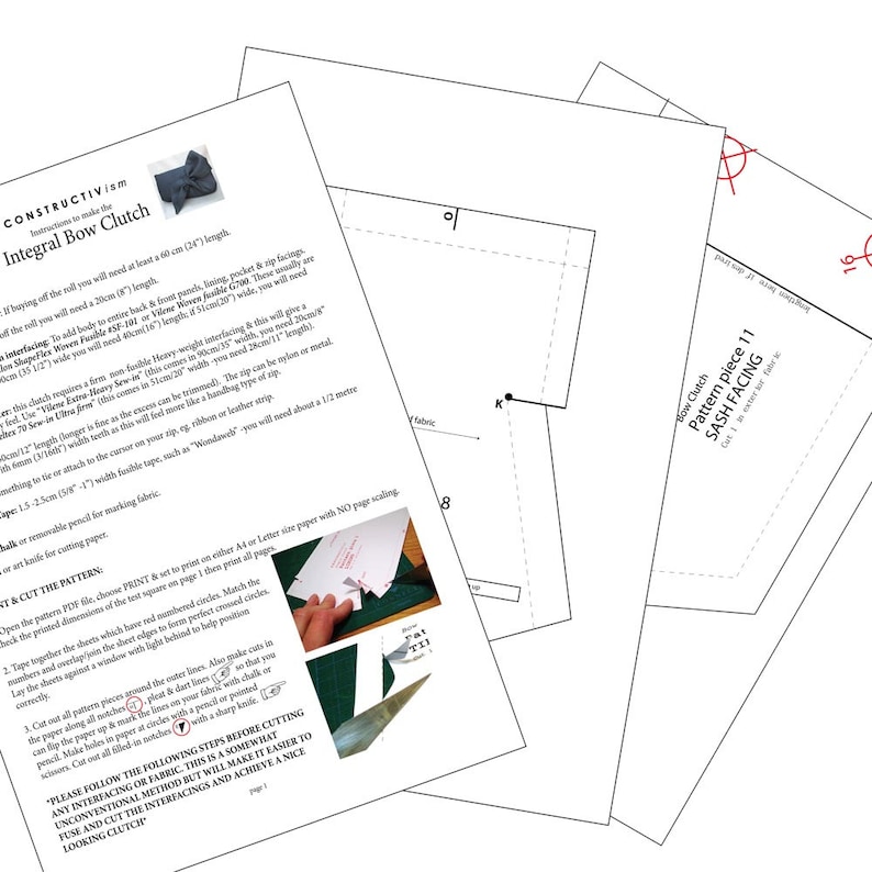 May include: Instructions for making an integral bow clutch. The pattern pieces are laid out on white paper with black lines. The instructions include cutting, interfacing, and sewing steps. The text includes the words "Constructvism" and "Integral Bow Clutch".
