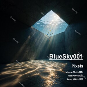 May include: A dark, enclosed space with a square opening at the top revealing clear blue water and sunlight streaming through. The text BlueSky001 Pixels, Iphone:3040x5404, Ipad:4000x3000, Imac:4000x2250 is visible in the lower right corner of the image.
