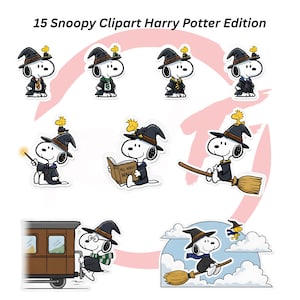 May include: A collection of 15 Snoopy clipart stickers in a Harry Potter theme. Snoopy is depicted in various wizarding outfits, including a wizard's hat and robe, holding a wand, a book, and riding a broom. The stickers are colorful and feature a white background.