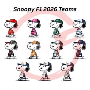Może przedstawiać: Ilustracja Snoopy'ego w mundurach i czapkach zespołów wyścigowych. Obraz jest oznaczony jako "Snoopy F1 2026 Teams". Każdy Snoopy jest ubrany w barwy innego zespołu, w tym czerwony, różowy, zielony, niebieski, czarny, pomarańczowy i biały.