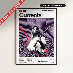 May include: A framed poster for Tame Impala's "Currents" album, featuring a man with a guitar against a purple and pink wavy design. The poster includes the album title, tracklist, and the text "DIGITAL DOWNLOAD". The poster is a digital download.