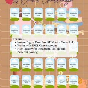 Puede incluir: Gr&aacute;fico digital para un desaf&iacute;o de 30 libros, con una cuadr&iacute;cula de iconos de libros para agregar t&iacute;tulos. El dise&ntilde;o incluye un coraz&oacute;n, una taza de caf&eacute; y el texto "30 Books Challenge". Dise&ntilde;ado para Instagram, TikTok y Pinterest. Descarga digital.