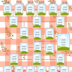 May include: A colorful, illustrated reading tracker titled "Battle of Books" with a grid layout for tracking books read each month. The background is a red and white checkered pattern with decorative leaves.