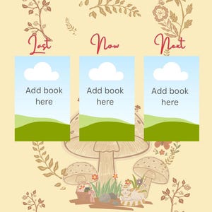 May include: An illustrated book template with a pale yellow backdrop. It features three rectangular placeholders with sky and grass scenes, each with the text "Add book here." Floral and mushroom illustrations surround the placeholders, with the words "Last," "Now," and "Next" in red script.