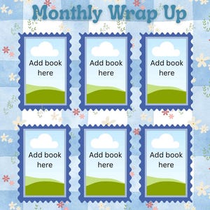 Puede incluir: Un fondo a cuadros azul claro y blanco con detalles florales y el texto "Monthly Wrap Up". Seis marcos rectangulares con bordes festoneados est&aacute;n dispuestos en la p&aacute;gina, cada uno con el texto "Add book here" y una ilustraci&oacute;n de paisaje.